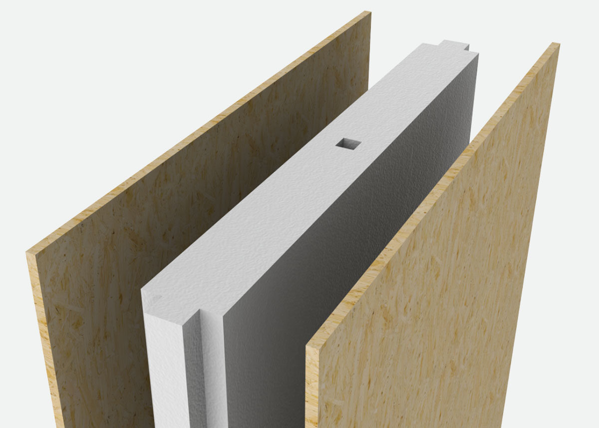 Structural insulated panel cutaway showing foam core between two OSB skins